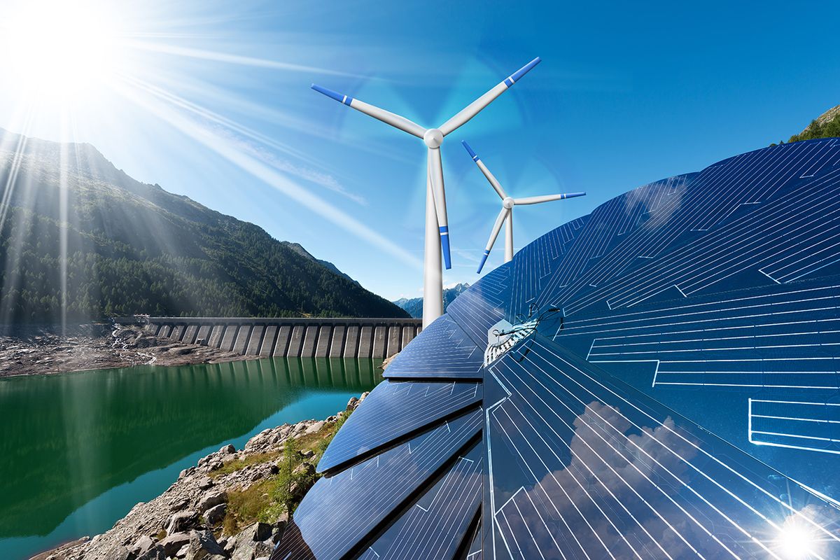 Renewable,Energy,-,Sunlight,With,Solar,Panel.,Wind,With,Wind
Renewable Energy - Sunlight with solar panel. Wind with wind turbines. Rain with dam for hydropower