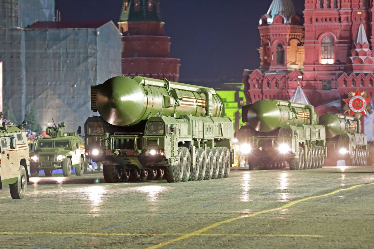 MOSCOW, RUSSIA - MAY 05, 2016: Night rehearsal celebration of the Victory Day (WWII). The RS-24 Yars (SS-27 Mod 2) is a MIRV-equipped, thermonuclear weapon intercontinental ballistic missile