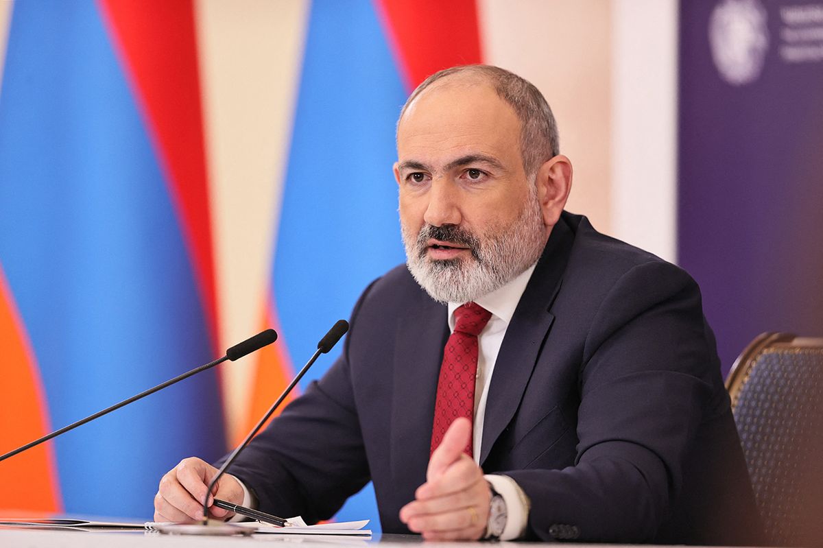 Armenian Prime Minister Nikol Pashinyan holds a press conference in Yerevan on March 14, 2023. - Nikol Pashinyan said on March 14, 2023 he had complained to President Vladimir Putin about "problems" with Russian peacekeepers in Nagorno-Karabakh, warning of an escalation in the restive Caucasus region. Armenia and Azerbaijan have fought two wars for control of the Armenian-majority region and the latest conflict in 2020 ended with the deployment of Moscow's forces. (Photo by Armenian Government / AFP) / RESTRICTED TO EDITORIAL USE - MANDATORY CREDIT "AFP PHOTO / Armenian Government / handout" - NO MARKETING NO ADVERTISING CAMPAIGNS - DISTRIBUTED AS A SERVICE TO CLIENTS