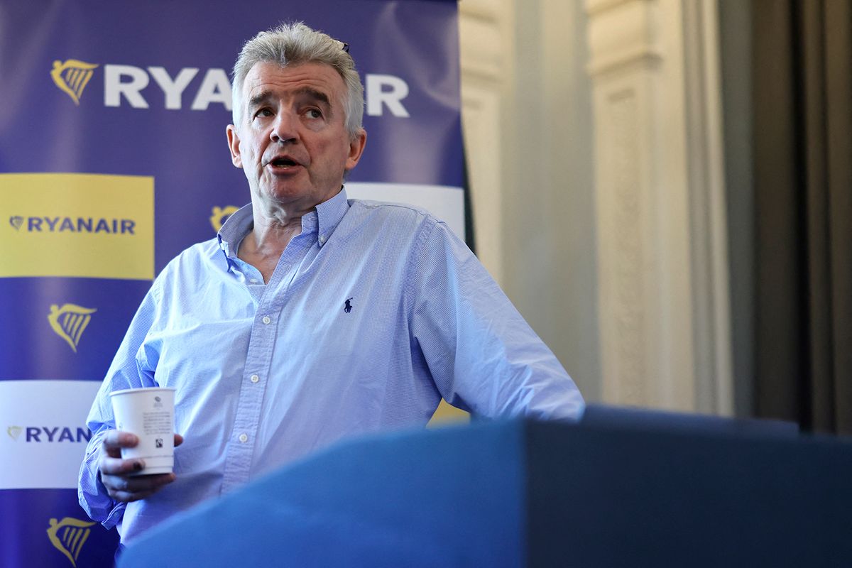 CEO of the low coast aireline Ryanair Michael O’ Leary speaks during a press conference, in London, on March 2, 2022 announcuing the 14 new routes from the three London airports. (Photo by Tolga Akmen / AFP)