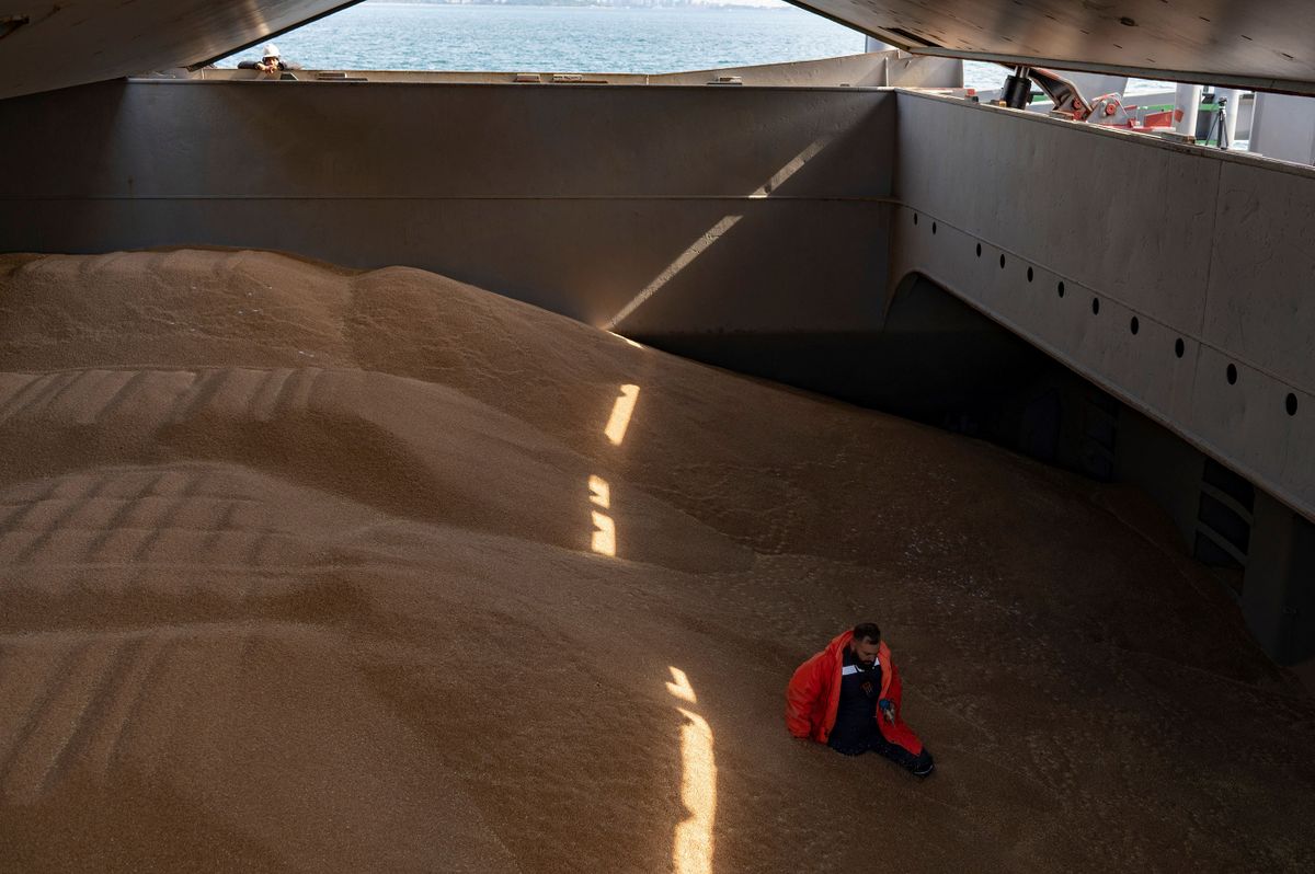 A crew member prepares a grain analysis for a control made by members of the Joint Coordination Center (JCC) onboard the Barbados-flagged ship "Nord Vind" coming from Ukraine, loaded with grain and anchored in Istanbul, on October 11, 2022.
