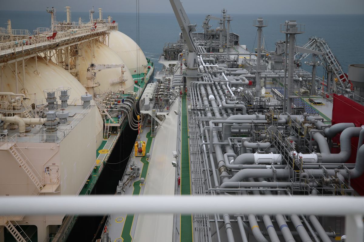 HATAY, TURKIYE - JANUARY 31:  LNG transfer of the ship from Algeria to Ertugrul Gazi,  Turkey's first floating LNG storage and gasification vessel (FSRU)  is being carried out at BOTAS Dortyol FSRU Terminal in Hatay, Turkiye on January 31, 2022. 