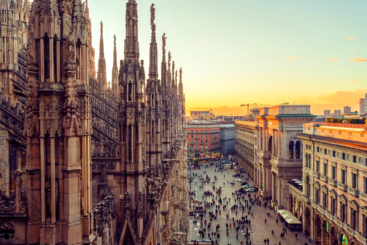 Italy, Lombardy, Milan, Milan Cathedral at sunset
Dome in Milano from above before sunset