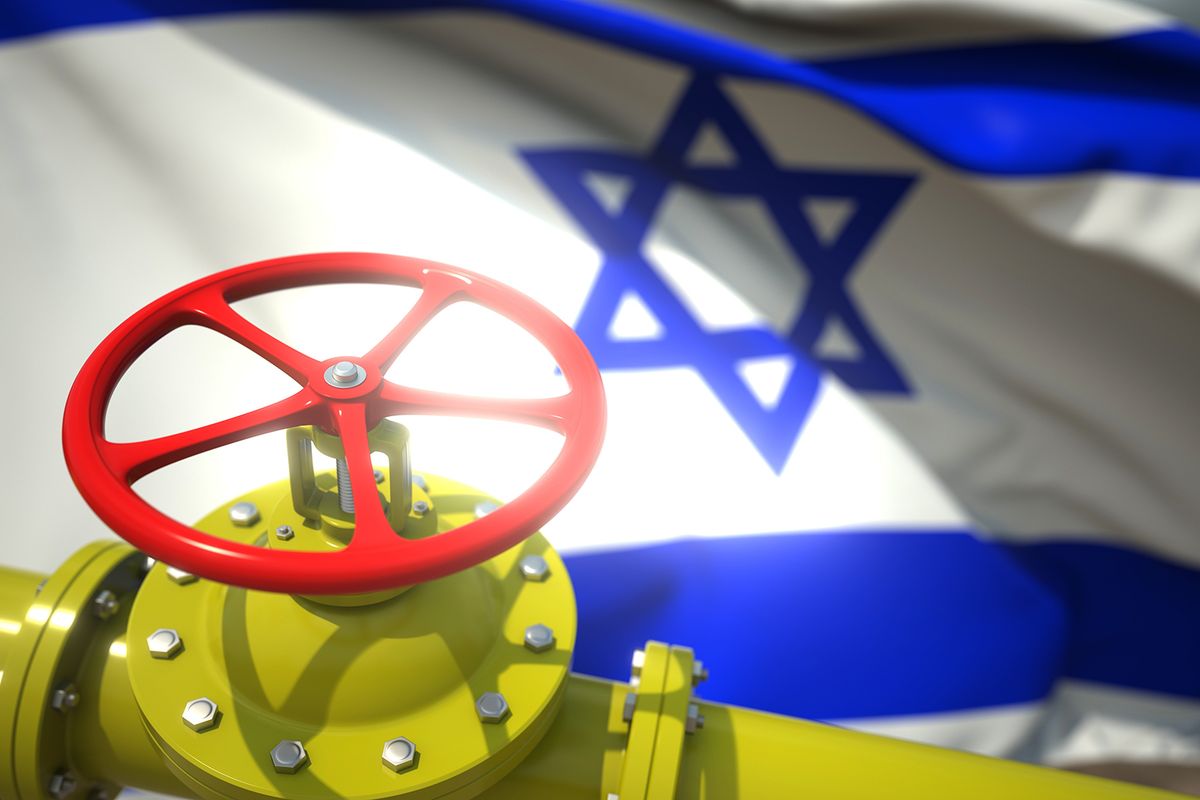 Waving,Flag,Of,Israel,And,The,Gas,Or,Oil,Pipeline Waving flag of israel and the gas or oil pipeline valve. conceptual  3D rendering
