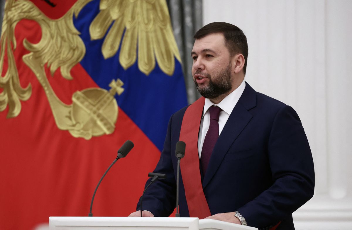 Denis Pushilin, the Moscow-appointed head of the Donetsk region of Ukraine - which is controlled by Russian forces, gives a speech during a state awards ceremony chaired by Russian President at the Kremlin in Moscow on December 20, 2022. 