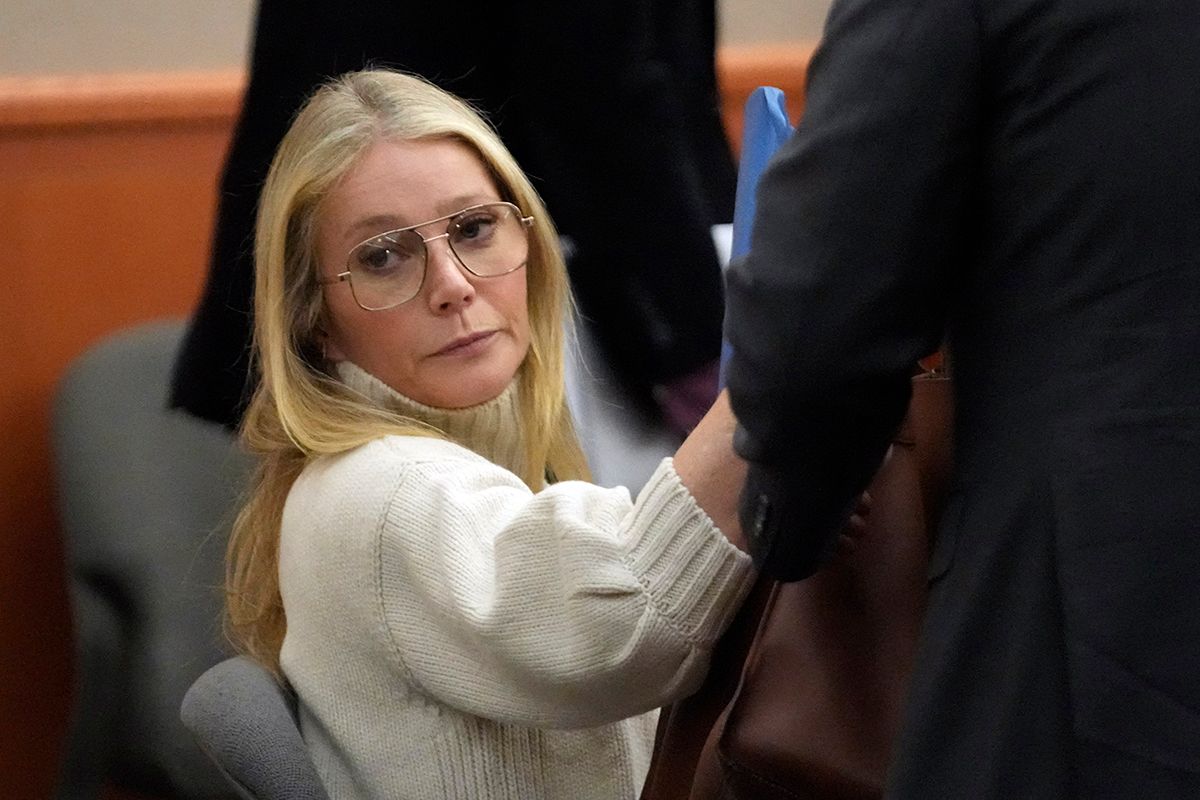 US actress Gwyneth Paltrow looks on before leaving the courtroom in Park City, Utah, on March 21, 2023, where she is accused in a lawsuit of crashing into a skier during a 2016 family ski vacation, leaving him with brain damage and four broken ribs. - Terry Sanderson claims that the actor-turned-lifestyle influencer was cruising down the slopes so recklessly that they violently collided, leaving him on the ground as she and her entourage continued their descent down Deer Valley Resort, a skiers-only mountain known for its groomed runs, aprčs-ski champagne yurts and posh clientele. (Photo by Rick Bowmer / POOL / AFP)