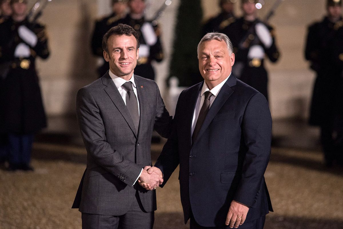 Macron Receives Hungarian PM Viktor Orban
Emmanuel Macron receives Hungarian Prime Minister Viktor Orban at the Elysee Palace in Paris, 13 March 2023. (Photo by Andrea Savorani Neri/NurPhoto) (Photo by Andrea Savorani Neri / NurPhoto / NurPhoto via AFP)