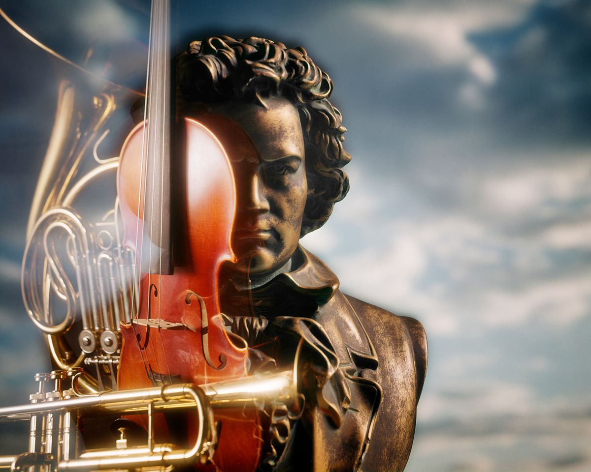 1980s BUST OF BEETHOVEN...
1980s BUST OF BEETHOVEN CLASSICAL MUSIC SYMBOLIC MONTAGE WITH INSTRUMENTS VIOLIN FRENCH HORN AND TRUMPET CLOUDS BACKGROUND   (Photo by Photo Media/ClassicStock/Getty Images)