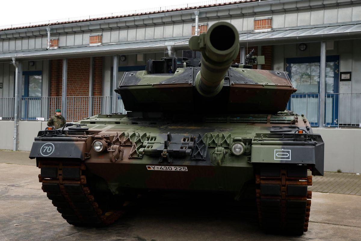 MUNSTER, GERMANY - FEBRUARY 20: A German Leopard tank is seen during a press date with  members of the Ukrainian military who are learning to operate Leopard tanks and Marder infantry fighting vehicles at a training ground on February 20, 2023 in Munster, Germany. The Bundeswehr, the German armed forces, is training Ukrainians on the use of the systems as part of its commitment to deliver both Leopards and Marders to Ukraine in order to help Ukraine defend itself against the ongoing Russian military invasion. 