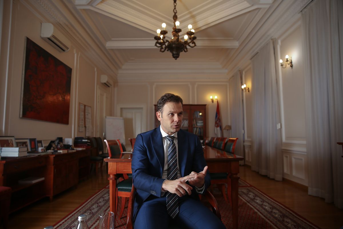 Sinisa Mali, Serbia's finance minister, gestures as he speaks during an interview in Belgrade, Serbia, on Thursday, Jan. 11, 2018. Everything we do with our budget, fiscal and monetary policy is designed to fulfill all the criteria to join the list of countries with an investment-grade credit rating, Mali said.