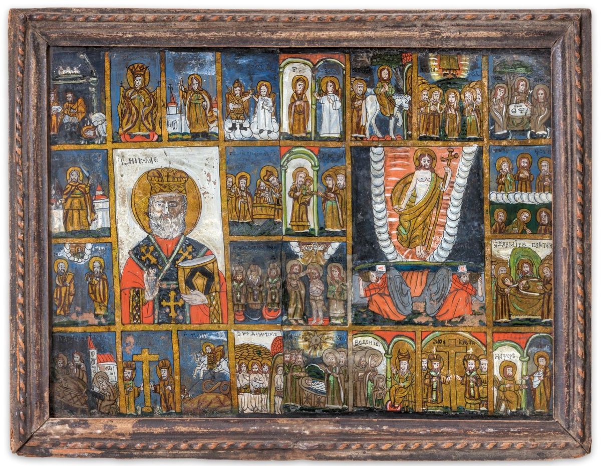 Ünnepi üvegikon - Jézus élete Szent Miklóssal és Krisztus feltámadásával Sebesláz, 19. század kikiáltási ára 180 ezer Ft
műtárgy