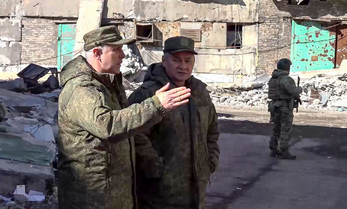 Russia's defence minister visits troops in Ukraine epa10502185 A still image taken from a handout video provided by the Russian Defence Ministry's press service shows Russian Minister of Defence Sergei Shoigu (C) and Commander of Russia's Eastern military district General Rustam Muradov (L) during an inspection of the positions of Russian troops at an undisclosed location in Ukraine, 04 March 2023. Russia’s Defense Ministry said that Shoigu inspected the forward command post of a unit of the 'Vostok' forces in the south Donetsk direction, working in the zone of the ‘special military operation’, adding that the chief of defense’ visit focused on the organization of comprehensive support for troops, including conditions for the safe deployment of personnel, as well as the inspection of work of medical and rear units.  EPA/RUSSIAN DEFENCE MINISTRY PRESS SERVICE/HANDOUT HANDOUT EDITORIAL USE ONLY/NO SALES HANDOUT EDITORIAL USE ONLY/NO SALES epa10502185 A still image taken from a handout video provided by the Russian Defence Ministry's press service shows Russian Minister of Defence Sergei Shoigu (C) and Commander of Russia's Eastern military district General Rustam Muradov (L) during an inspection of the positions of Russian troops at an undisclosed location in Ukraine, 04 March 2023. Russia’s Defense Ministry said that Shoigu inspected the forward command post of a unit of the 'Vostok' forces in the south Donetsk direction, working in the zone of the ‘special military operation’, adding that the chief of defense’ visit focused on the organization of comprehensive support for troops, including conditions for the safe deployment of personnel, as well as the inspection of work of medical and rear units.  EPA/RUSSIAN DEFENCE MINISTRY PRESS SERVICE/HANDOUT HANDOUT EDITORIAL USE ONLY/NO SALES HANDOUT EDITORIAL USE ONLY/NO SALES