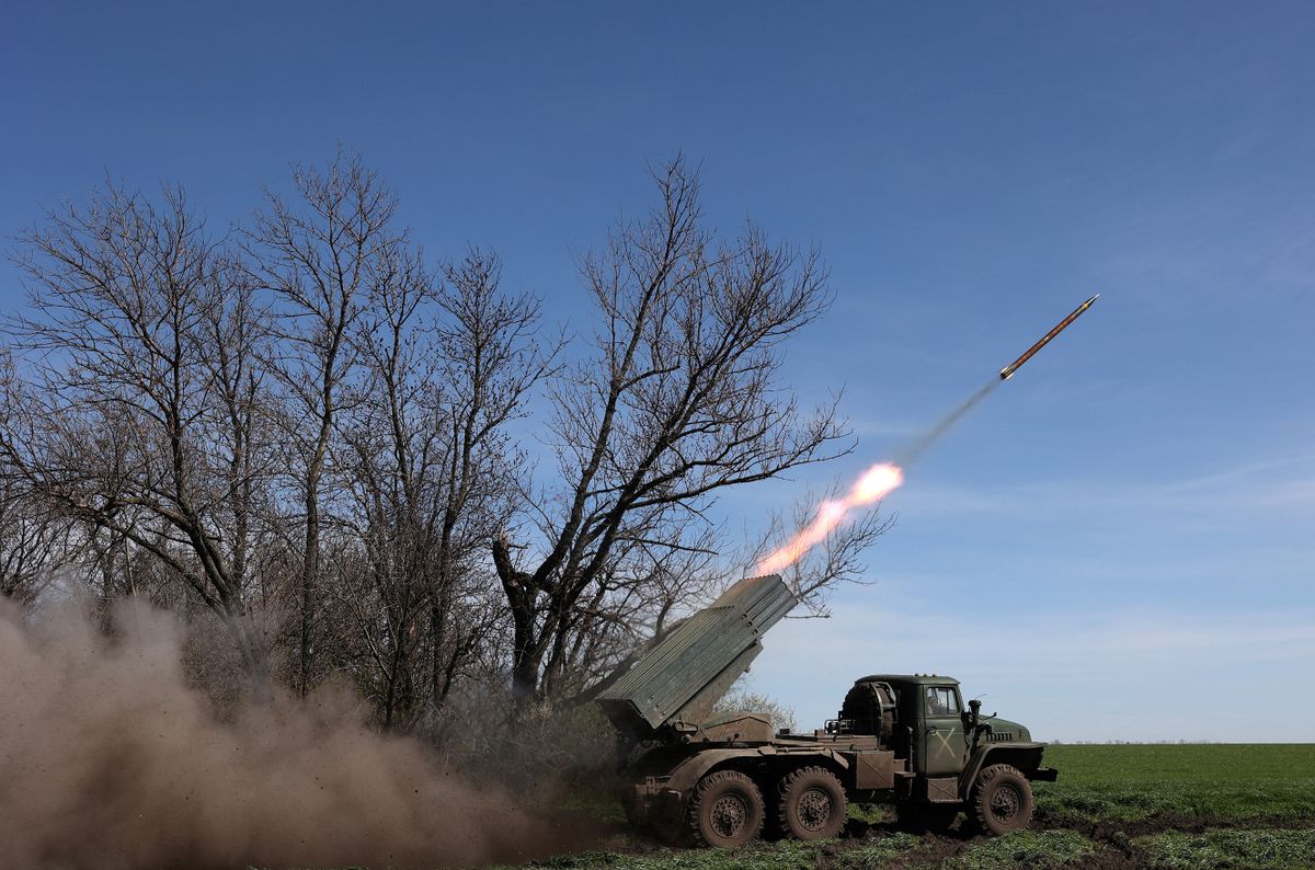 A Ukrainian BM-21 Grad multiple rocket launcher fires towards Russian positions on the front line in Donetsk region on April 17, 2023, amid Russian invasion of Ukraine.