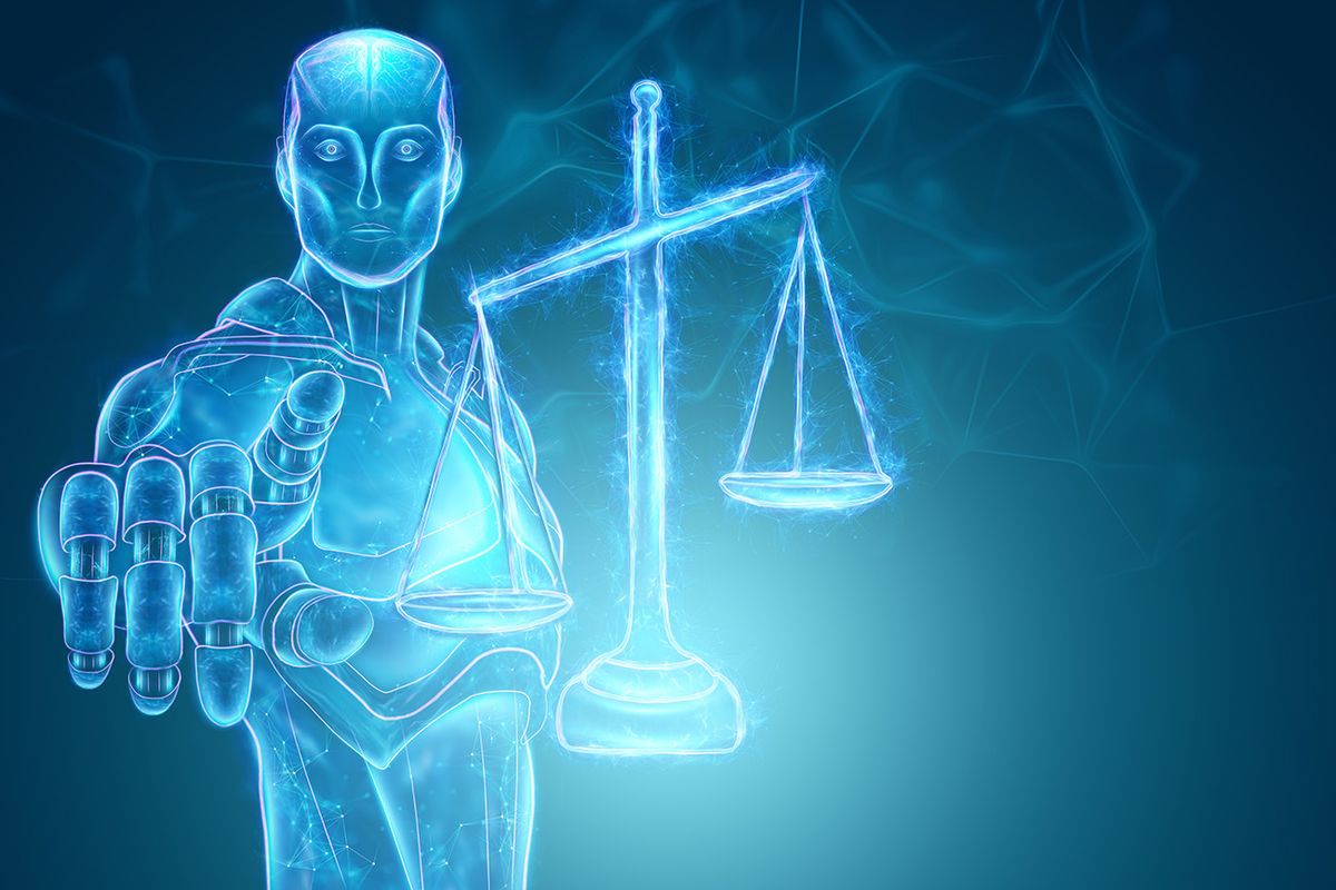 Artificial,Intelligence,Judge,And,Scales,Of,Justice,Hologram.,Concept,Of
Artificial intelligence judge and scales of justice hologram. Concept of internet law, judgment, modern court, judiciary on the internet. 3D render, 3D illustration