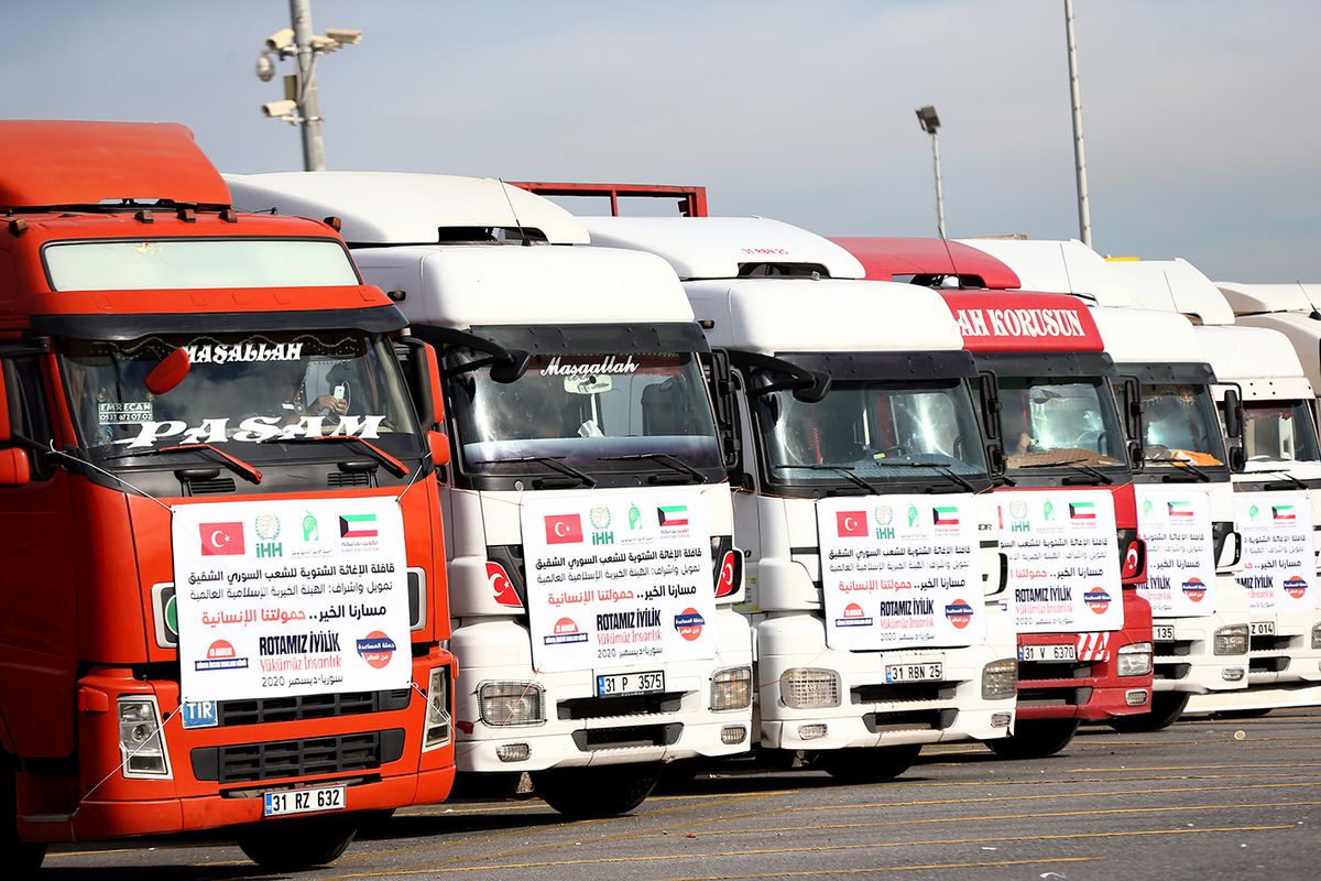 Humanitarian aid for Syrians
ISTANBUL, TURKEY - DECEMBER 10: A view of the articulated lorries ready to carry humanitarian aid boxes to transmit to Syria within the scope of the "Goodness Our Route, Human Our Load", campaign, initiated by The Foundation for Human Rights and Freedoms and Humanitarian Relief (IHH) for Syrians, as part of the Human Rights Day from the Open Car Parking Lot of Ataturk Olympic Stadium in Istanbul, Turkey on December 10, 2020. (Photo by Ahmet Bolat/Anadolu Agency via Getty Images)