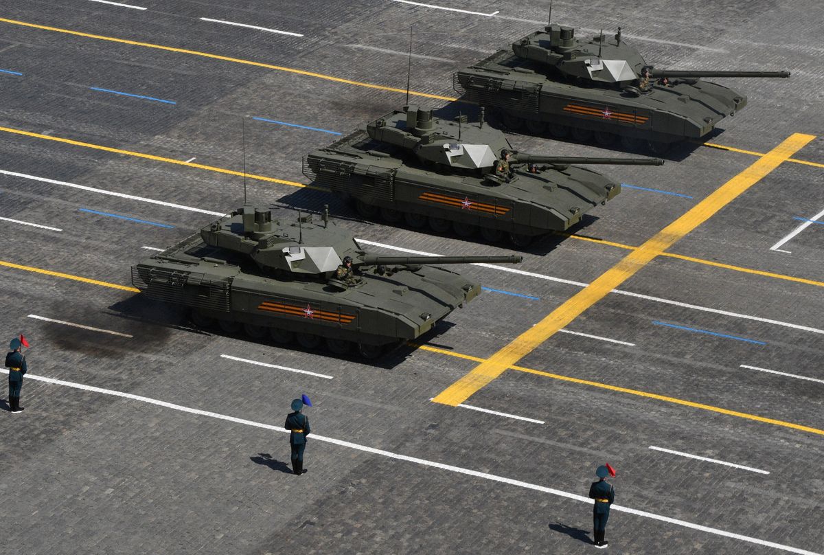 MOSCOW, RUSSIA - JUNE 24:  T-14 Armata main battle tanks during the Victory Day military parade in Red Square marking the 75th anniversary of the victory in World War II, on June 24, 2020 in Moscow, Russia. The 75th-anniversary marks the end of the Great Patriotic War when the Nazi's capitulated to the then Soviet Union.  