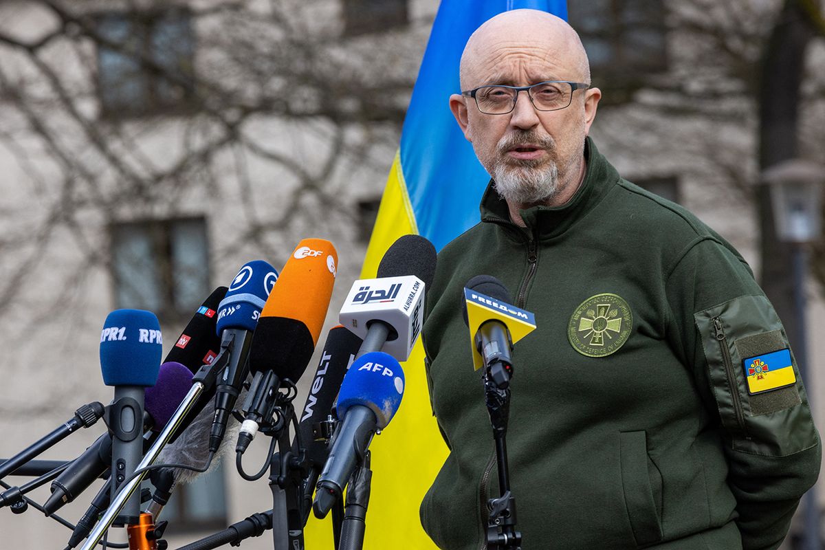 GERMANY-US-UKRAINE-RUSSIA-POLITICS-DEFENCE

Ukrainian Defence Minister Oleksii Reznikov talks to media during an Ukraine Defence Contact Group meeting at Ramstein Air Base, southwestern Germany, on April 21, 2023. - International backing for Ukraine holds "strong and true", US Defence Secretary Lloyd Austin said, as he opened a meeting in Germany with allies to discuss further support for Kyiv. On the eve of the talks gathering representatives from 50 countries, President Volodymyr Zelensky had urged Western allies to send more fighter jets and long-range missiles to help repel Russian troops. (Photo by ANDRE PAIN / AFP)