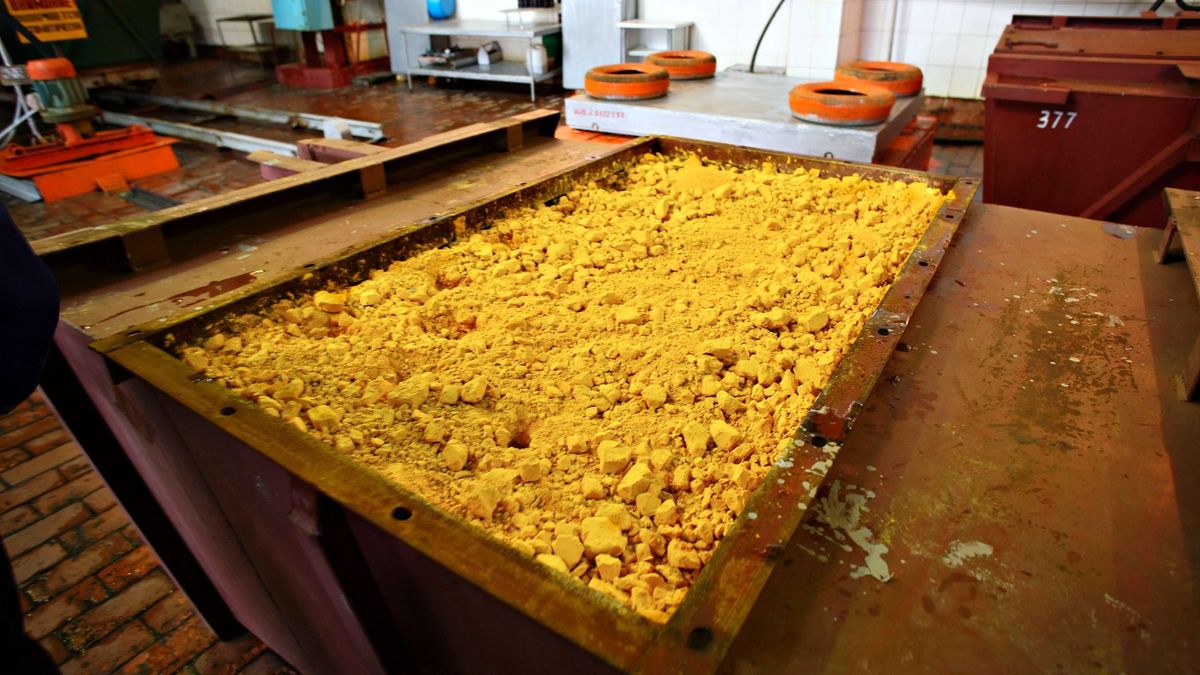 KAZAKHSTAN - OCTOBER 18:  Uranium concentrate, commonly known as U3O8 or yellowcake, sits in the Uvanas processing facility near the East Mynkuduk uranium deposit in Kyzemshek, Kazakhstan, on Thursday, Oct. 18, 2007. Yellowcake is the end-product of the in-situ leaching process employed in the nearby East Mynkuduk uranium mine.  