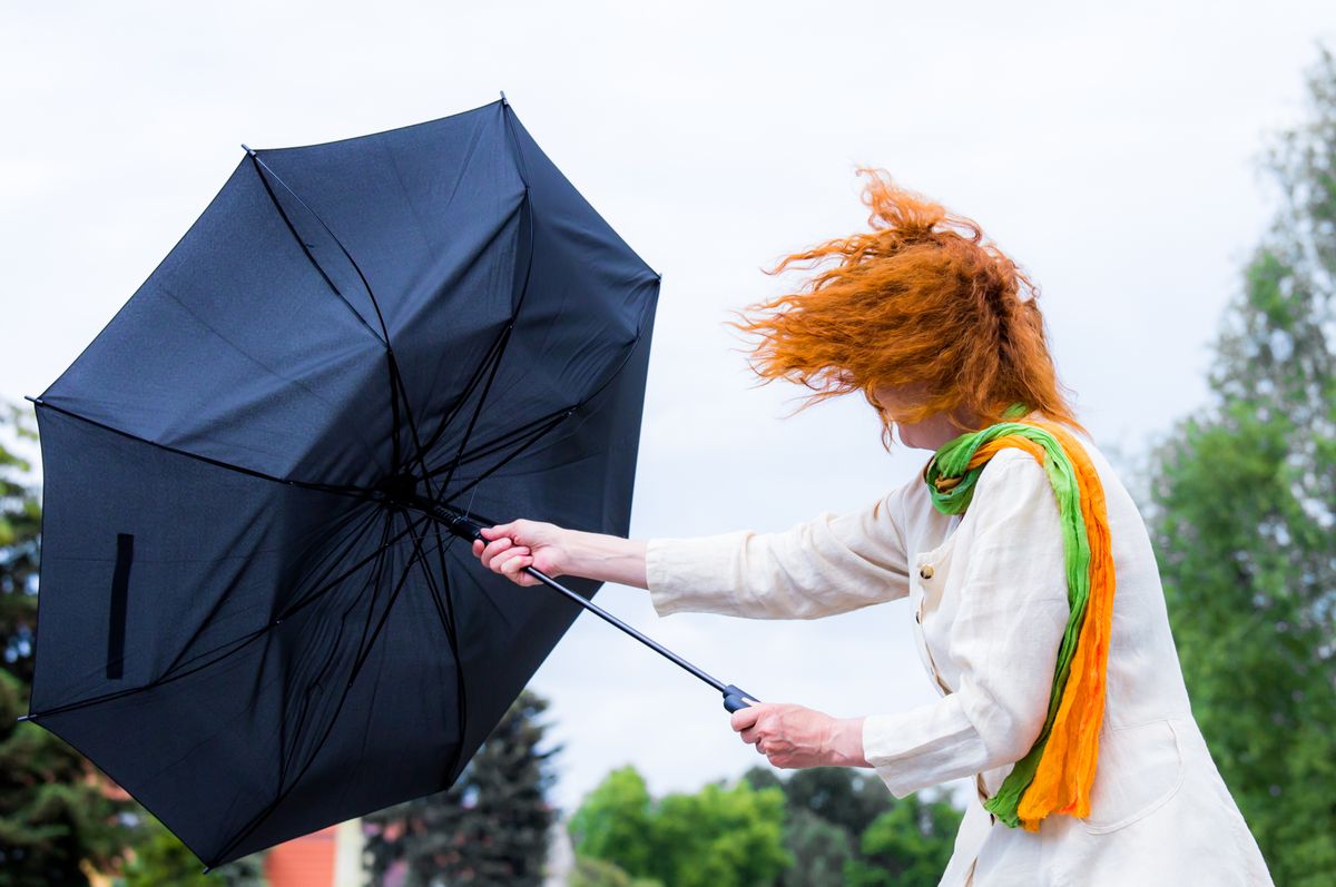 A,Woman,Tries,To,Hold,Her,Umbrella,In,A,Strong
