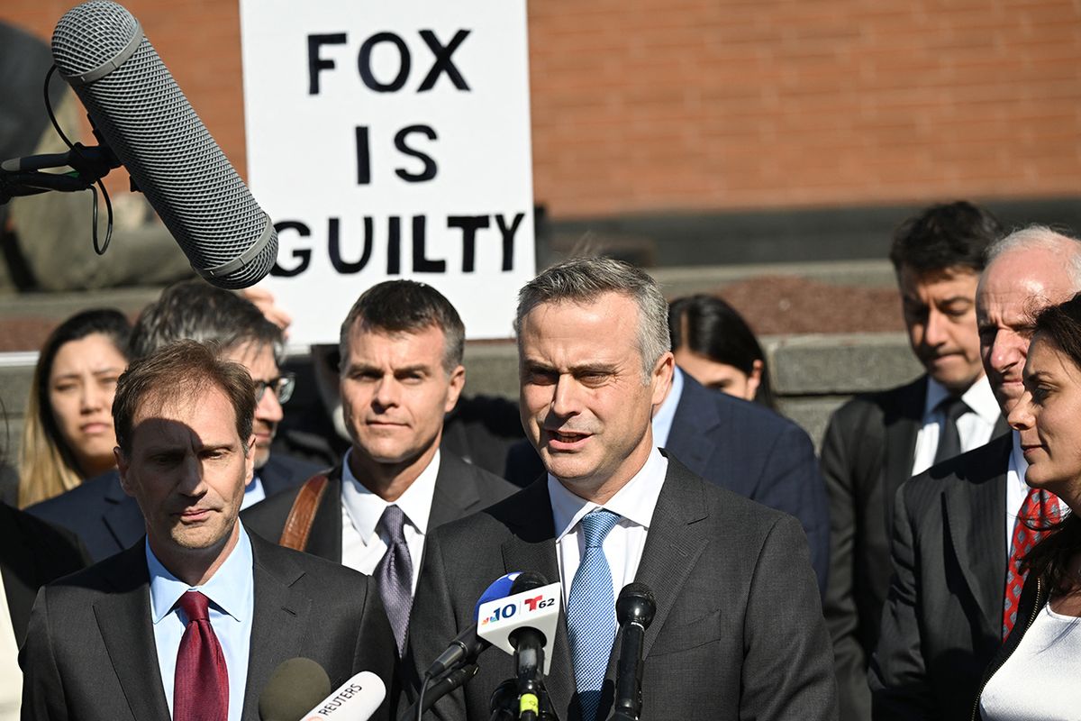 Opening arguments in defamation civil trial brought by vote machine maker Dominion against Fox News
Dominion CEO John Poulos, joined by members of the Dominion Voting Systems legal team, speaks to members of the media outside the Leonard Williams Justice Center in Wilmington, Delaware, on April 18, 2023. - Vote machine maker Dominion and Fox News settled a defamation case over falsehoods about the 2020 presidential election aired on the conservative TV network, a US judge announced Tuesday. (Photo by ANDREW CABALLERO-REYNOLDS / AFP)
