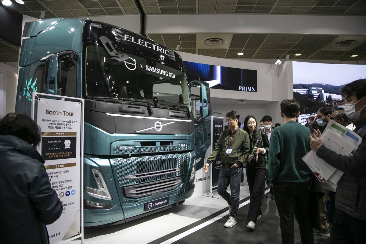 A Volvo electric truck displayed at the Samsung SDI Co. booth at the InterBattery exhibition in Seoul, South Korea, on Thursday, March 16, 2023. The exhibition will run through March 17. 
