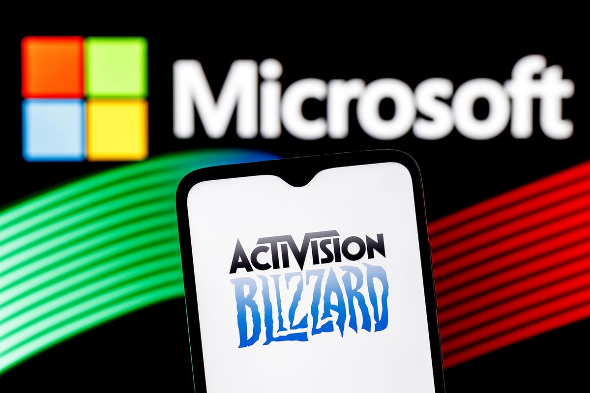 Kazan,,Russia,-,Jan,18,,2022:,Activision,Blizzard,Logo,On
Kazan, Russia - Jan 18, 2022: Activision Blizzard logo on smartphone screen against  background of Microsoft logo. Microsoft announced buying of video game publisher Activision Blizzard.