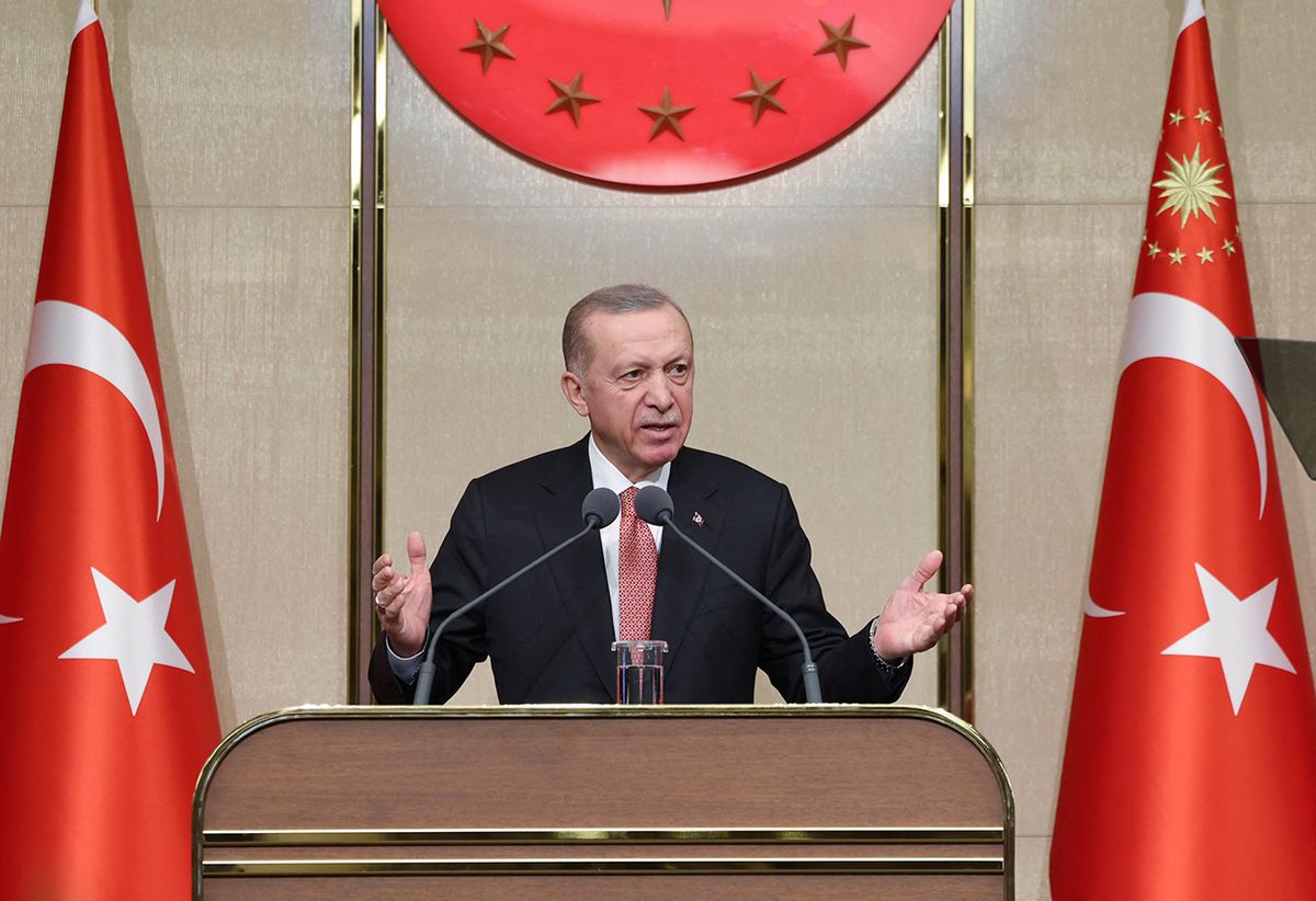 Turkish President Recep Tayyip Erdogan
ANKARA, TURKIYE - APRIL 03: Turkish President Recep Tayyip Erdogan makes a speech as he attends an iftar (fast-breaking) dinner with the deputies at the Presidential Complex in Ankara, Turkiye on April 3, 2023. Mustafa Kamaci / Anadolu Agency (Photo by Mustafa Kamaci / ANADOLU AGENCY / Anadolu Agency via AFP)