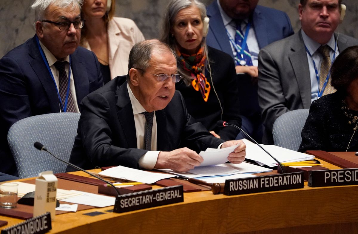 Russian Foreign Minister Sergey Lavrov chairs a Security Council meeting on defending the principles of the UN Charter at UN Headquarters in New York on April 24, 2023.