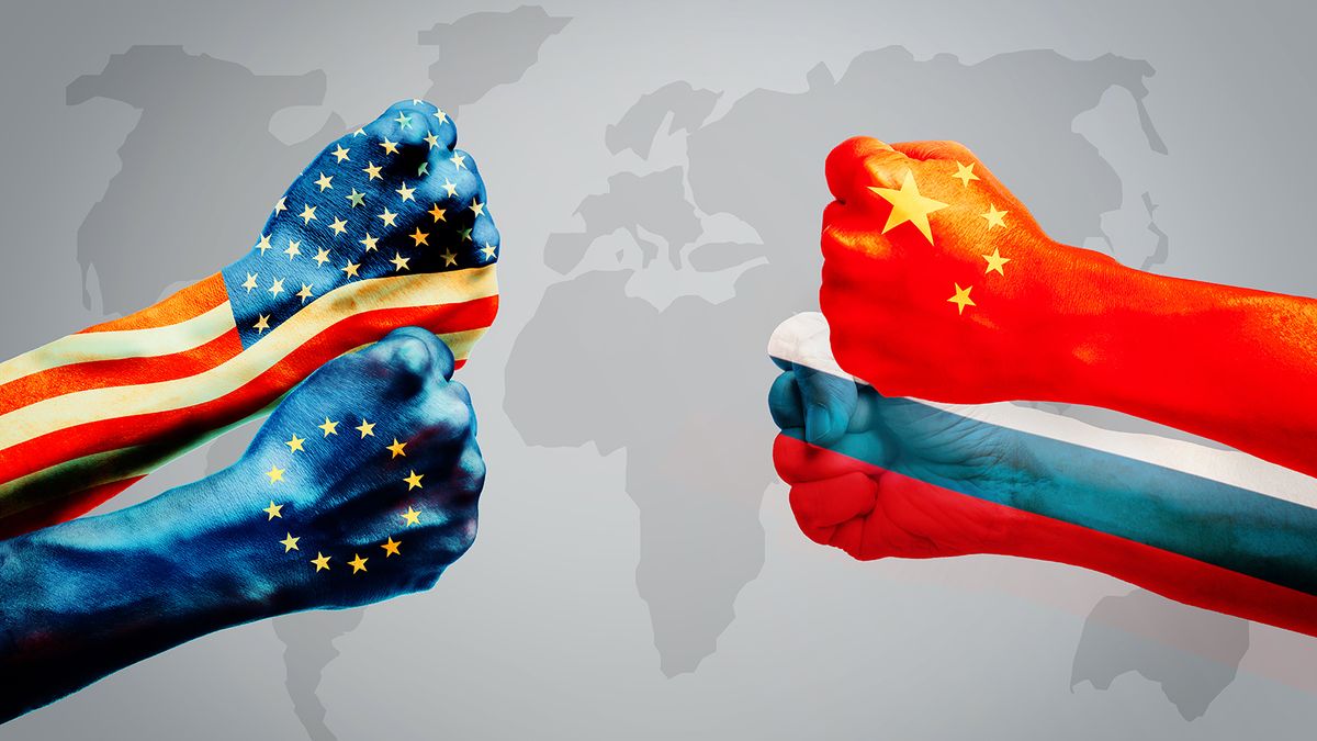 Flags,Of,Usa,Or,United,States,Of,America,And,European
Flags of usa or United States of America and European Union or EU VS China and  Russia on hands punch to each others on world map background