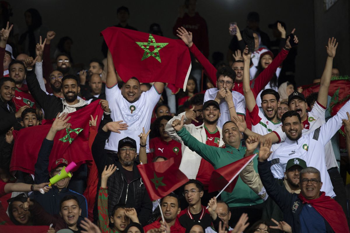 TANCA, MOROCCO - MARCH 25: Fans cheer during a friendly match between Morocco and Brazil at Ibn Battuta Stadium in Tanca, Morocco on March 25, 2023. 