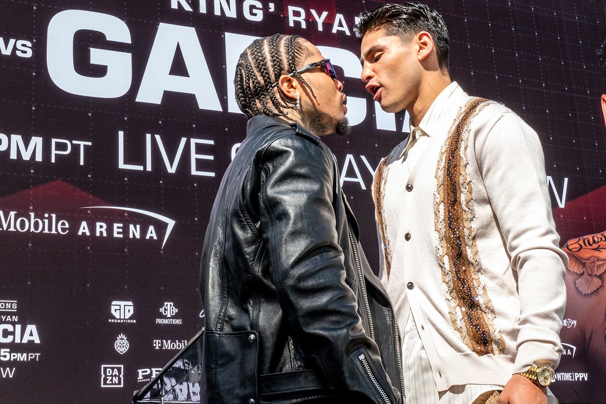 Gervonta Davis v Ryan Garcia - Press Event
BEVERLY HILLS, CALIFORNIA - MARCH 09: Ryan Garcia (R) and Gervonta Davis (L) face off during a news conference at The Beverly Hilton on March 09, 2023 in Beverly Hills, California. (Photo by Sye Williams/Getty Images)