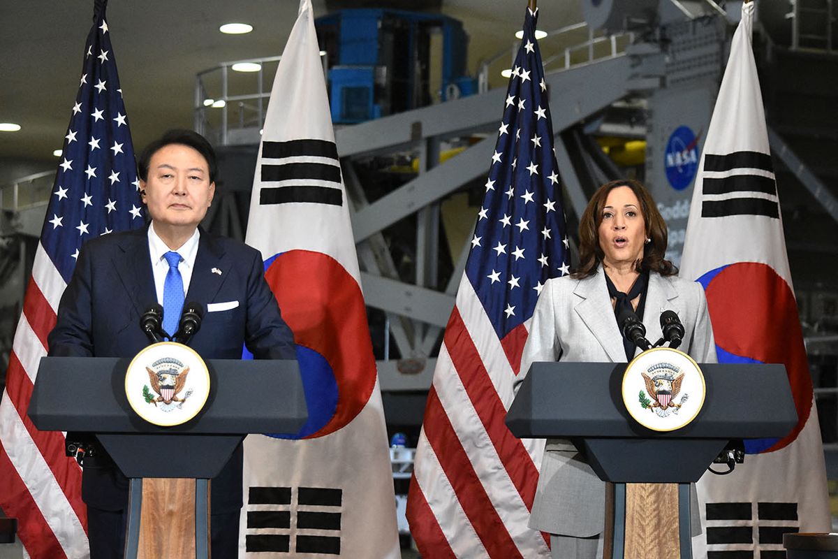 Vice President Of The United States Kamala Harris And President Of South Korea Yoon Suk-yeol Deliver Remarks To Press Vice President of the United States Kamala Harris and President of South Korea Yoon Suk-yeol deliver remarks to press in Greenbelt, Maryland, United States on April 25, 2023 (Photo by Kyle Mazza/NurPhoto) (Photo by Kyle Mazza / NurPhoto / NurPhoto via AFP)