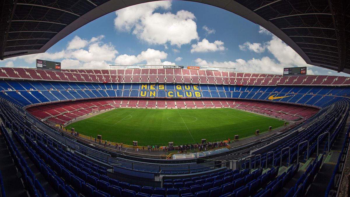 BARCELONA, SPAIN - AUG 06: Panoramic view of FC Barcelona stadium Camp Nou on August 06 2013 in Barcelona, Spain. By capacity its the largest stadium in Europe