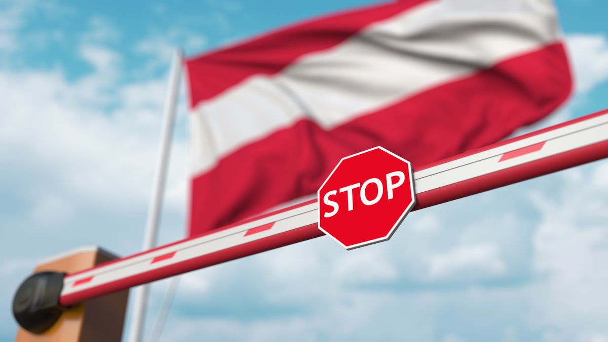 Closed,Boom,Gate,On,The,Austrian,Flag,Background.,Restricted,Entry