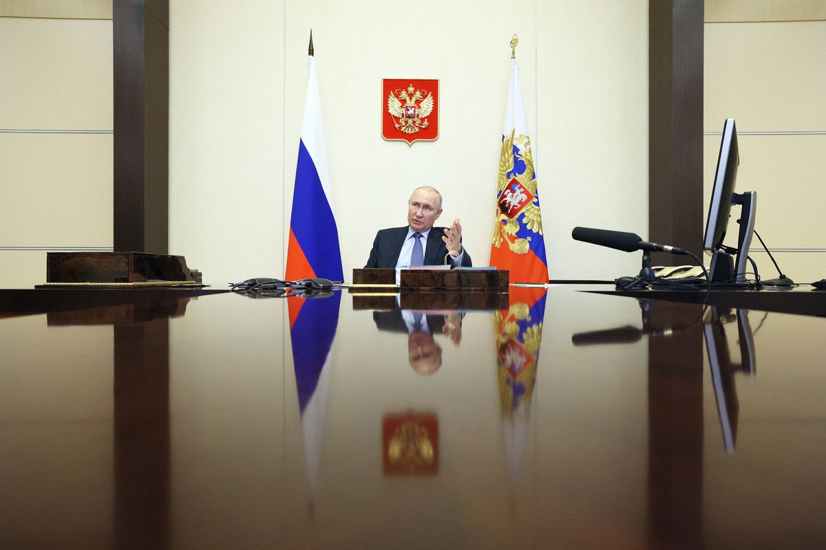 Russian President Vladimir Putin chairs a meeting with members of the government via a video conference at the Novo-Ogaryovo state residence, outside Moscow, on April 19, 2023. 