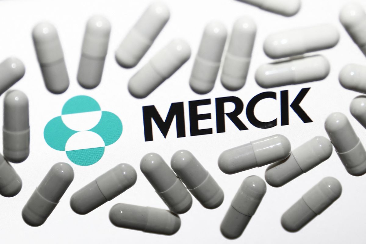 Companies Working On Covid-19 Medication
Merck &amp; Co. logo displayed on a laptop screen and medical pills are seen in this illustration photo taken in Krakow, Poland on October 18, 2021. (Photo by Jakub Porzycki/NurPhoto) (Photo by Jakub Porzycki / NurPhoto / NurPhoto via AFP)