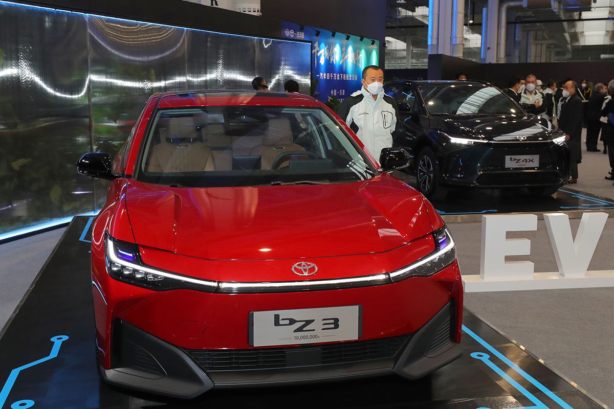 FAW Toyota Makess 10 Millionth Car
TIANJIN, CHINA - NOVEMBER 28: A Toyota bZ3 electric car is on display at a new energy vehicle (NEV) plant of FAW Toyota Motor Co., Ltd on November 28, 2022 in Tianjin, China. (Photo by VCG/VCG via Getty Images)
