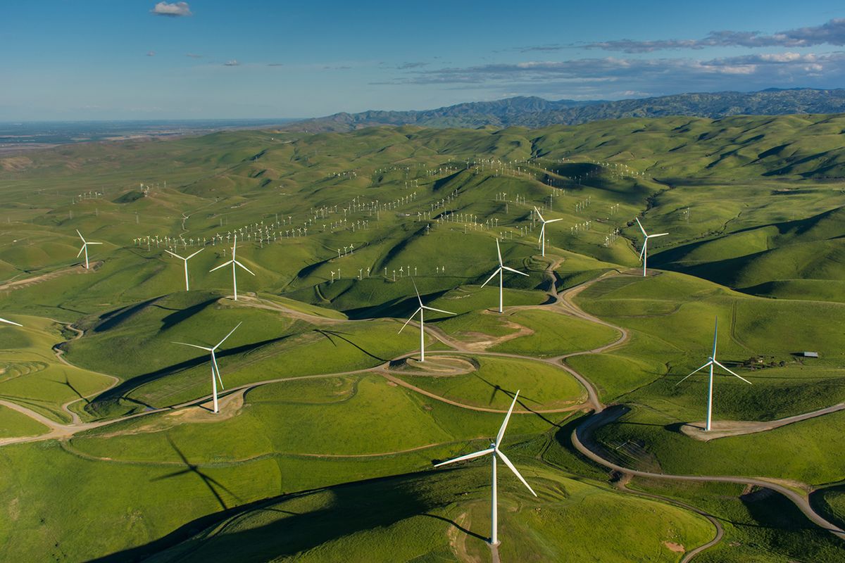 A 48 turbine  windfarm in Northern California
Golden Hills Wind farm in Alameda County, California is a 85.9 megawatt wind farm with  48 1.7mw GE wind turbines.  The turbine blades have a diameter of 100 meters and can power 25,500 homes.  The project came online in December 2015 and was developed by Nextera Energy Resources for Google.