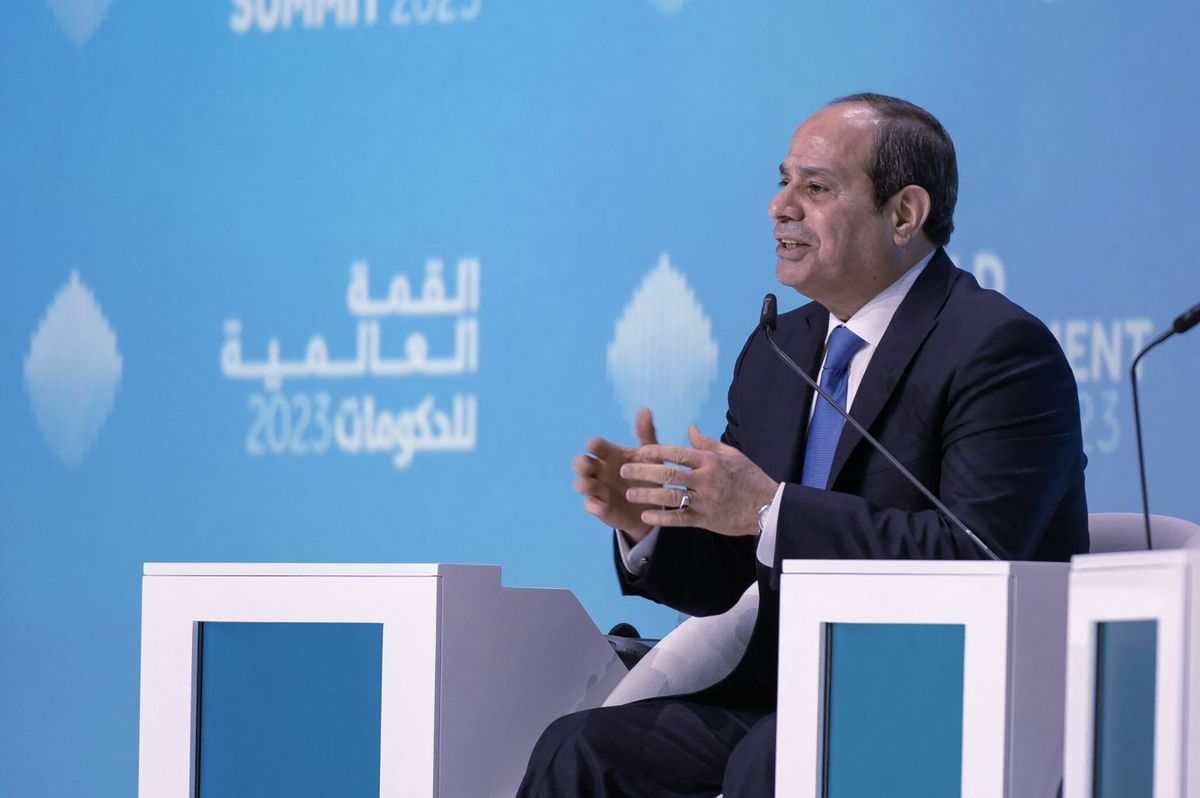 DUBAI, UNITED ARAB EMIRATES - FEBRUARY 13: (----EDITORIAL USE ONLY - MANDATORY CREDIT - DUBAI MEDIA OFFICE / HANDOUT" - NO MARKETING NO ADVERTISING CAMPAIGNS - DISTRIBUTED AS A SERVICE TO CLIENTS----) Egyptian President Abdel Fattah al-Sisi attends the opening of the World Government Summit in Dubai, United Arab Emirates on February 13, 2023. 