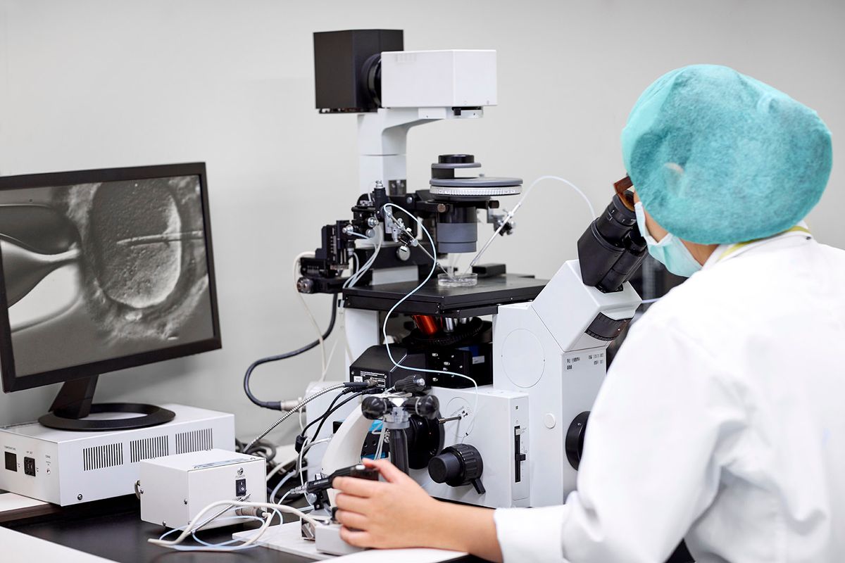 Científico mirando a través de un microscopio en un laboratorio Vista lateral de un científico en busca de células madre bajo un microscopio.  La técnica femenina usa equipo médico.  Ella trabaja en el laboratorio.