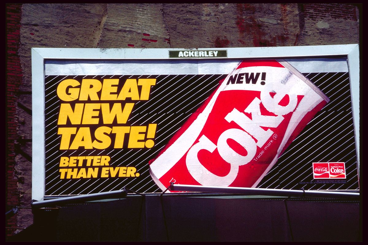 COCACOLA
Billboard for the New Coke
Coca Cola billboard for the short-lived New Coke. (Photo by © Todd Gipstein/CORBIS/Corbis via Getty Images)
Coca-Cola