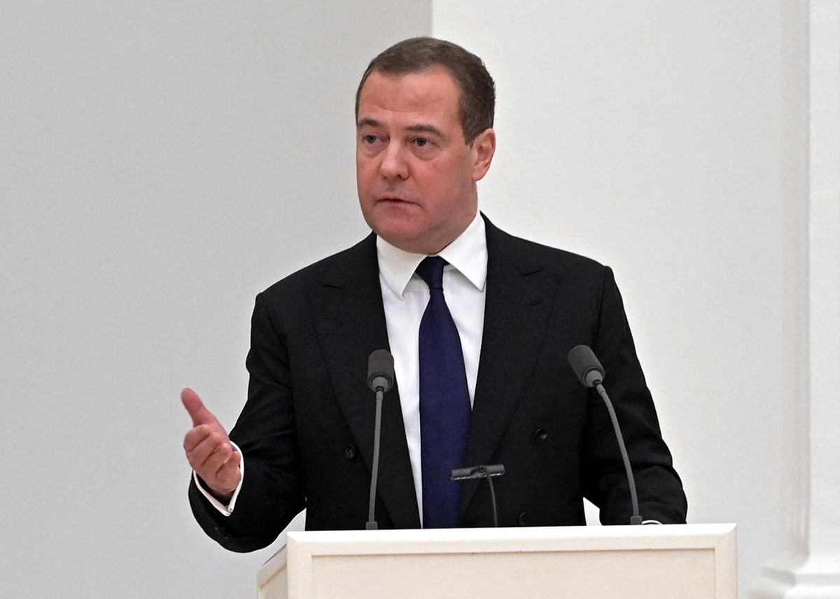 RUSSIA-UKRAINE-POLITICS-CONFLICT
Deputy chairman of the Russian Security Council Dmitry Medvedev speaks during a meeting with members of the Security Council in Moscow on February 21, 2022. - Russian President Vladimir Putin said on February 21, 2022, he would make a decision "today" on recognising the independence of east Ukraine's rebel republics, after Russia's top officials made impassioned speeches in favour of the move. (Photo by Alexey NIKOLSKY / Sputnik / AFP)
