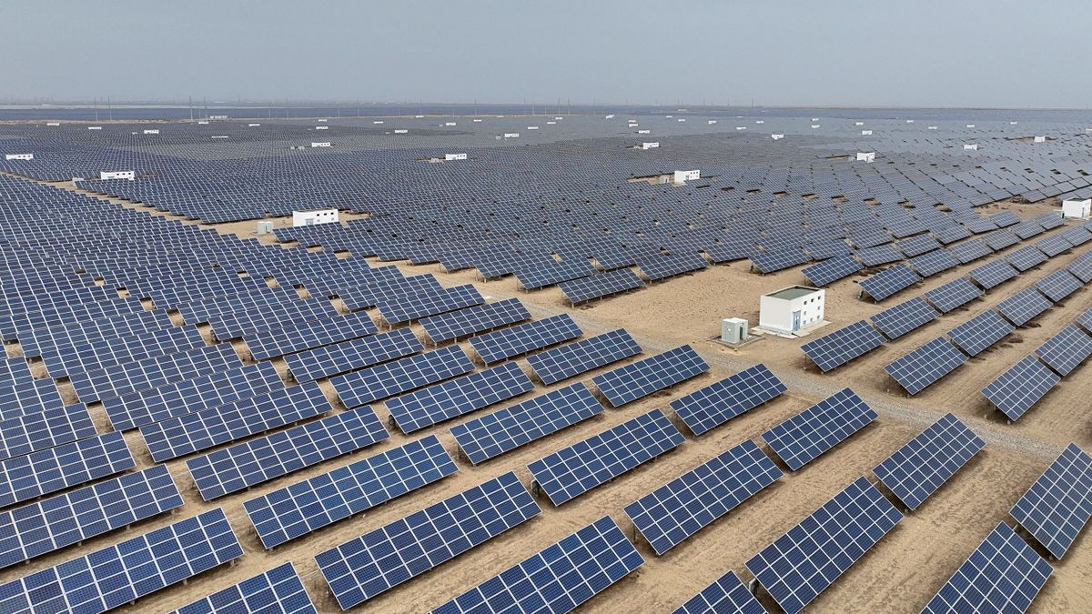 GONGHE, CHINA - APRIL 07: Aerial view of Gonghe Solar Park, the world's largest solar farm, on Tara Beach on April 7, 2023 in Gonghe County, Hainan Tibetan Autonomous Prefecture, Qinghai Province of China. 