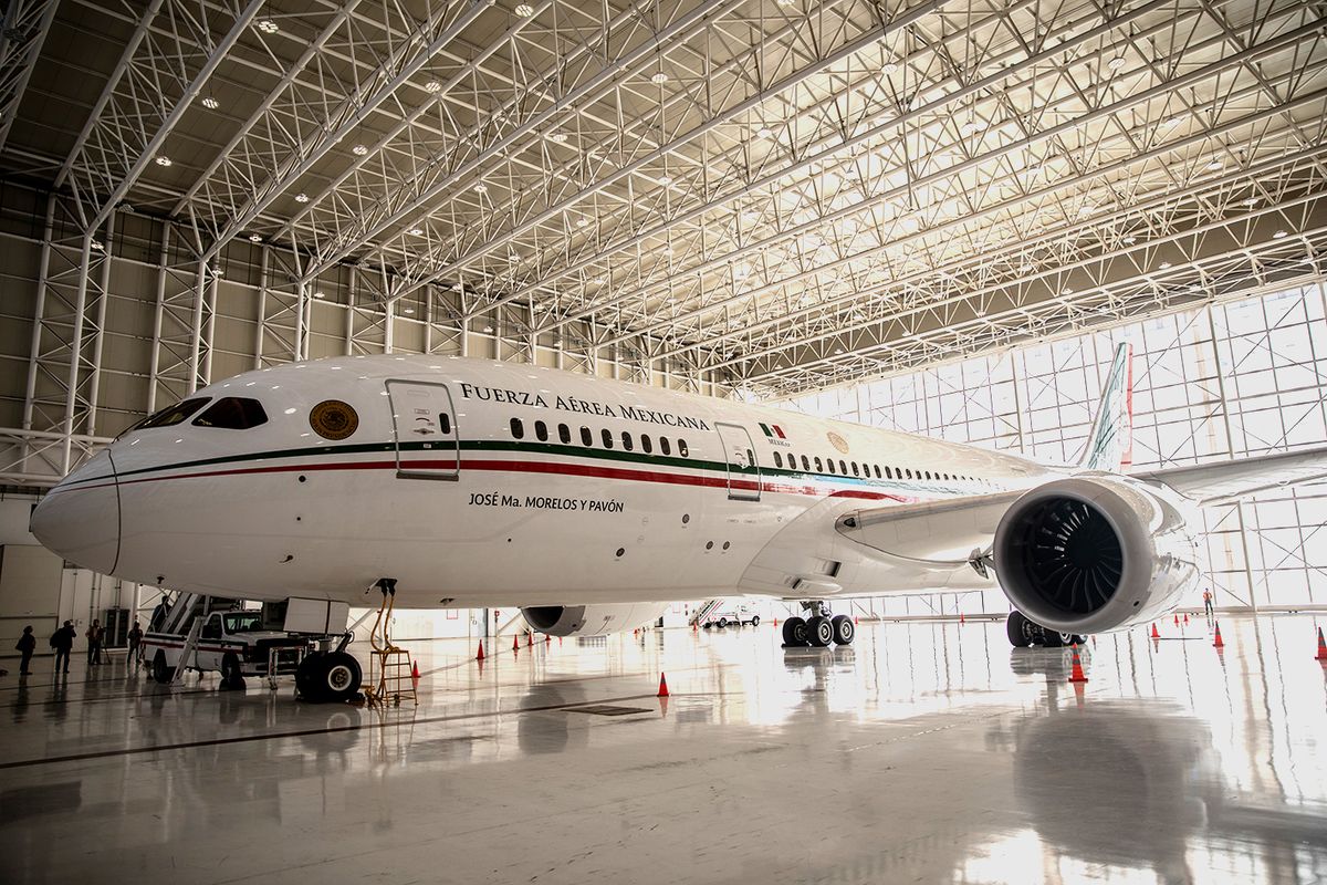 Mexico's AMLO Plans To Sell President's Plane
The Mexican Presidential 'Jose Maria Morelos y Pavon,' a Boeing Co. 787-8 Dreamliner aircraft, sits at a hanger in Mexico City, Mexico, on Sunday, Dec. 2, 2018. Mexican President Andres Manuel Lopez Obrador is fulfilling a campaign promise by selling the Boeing 787 Dreamliner thats transported former President Enrique Pena Nieto since 2016. Photographer: Alejandro Cegarra/Bloomberg via Getty Images