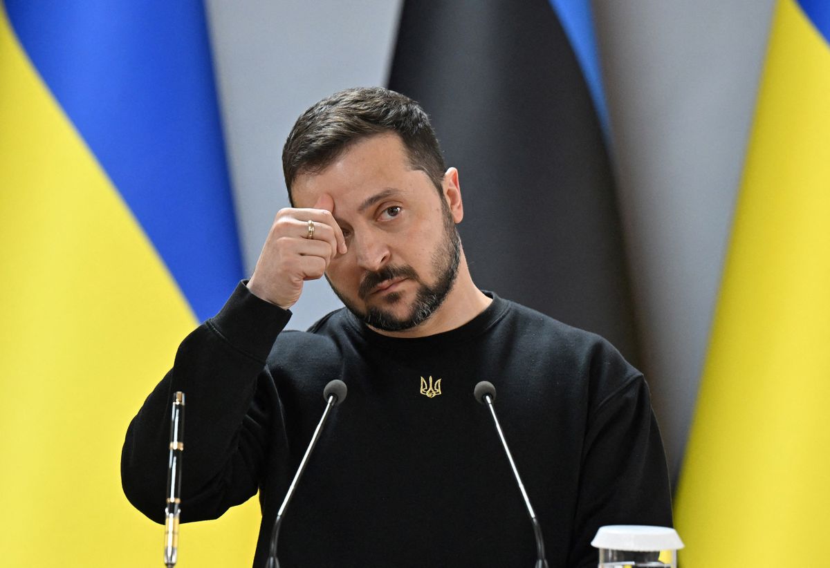 Ukrainian President Volodymyr Zelensky gestures during a joint press conference with Estonian Prime Minister after their meeting in Zhytomyr on April 24, 2023, amid the Russian invasion of Ukraine