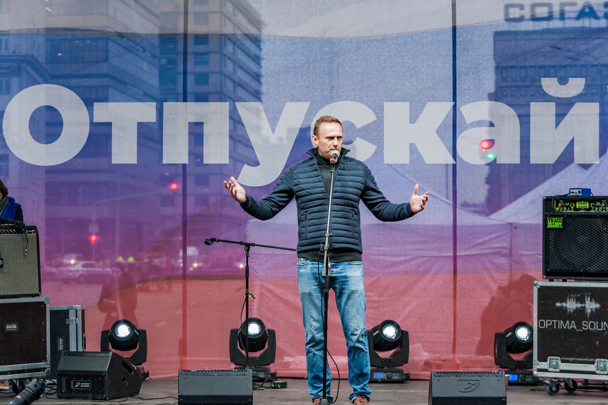Alexei Navalny, government oppositor, gives an speech during a demonstration for the release of the arrested activists during the summer riots in Moscow, on September 29, 2019.