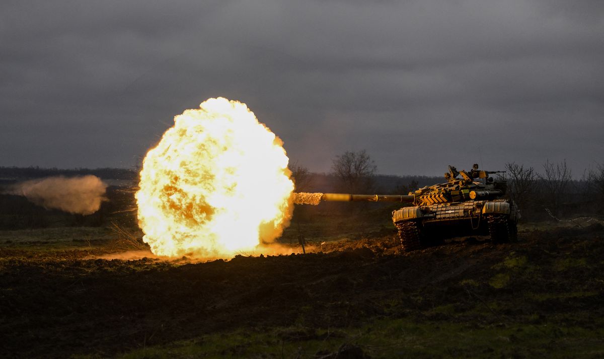 DONETSK OBLAST, UKRAINE - MARCH 29: (EDITORS NOTE: The tank number has been blurred) A Ukrainian tank performs during firing practice amid Russia-Ukraine war on the frontline of Donetsk Oblast, Ukraine on March 29, 2023. 