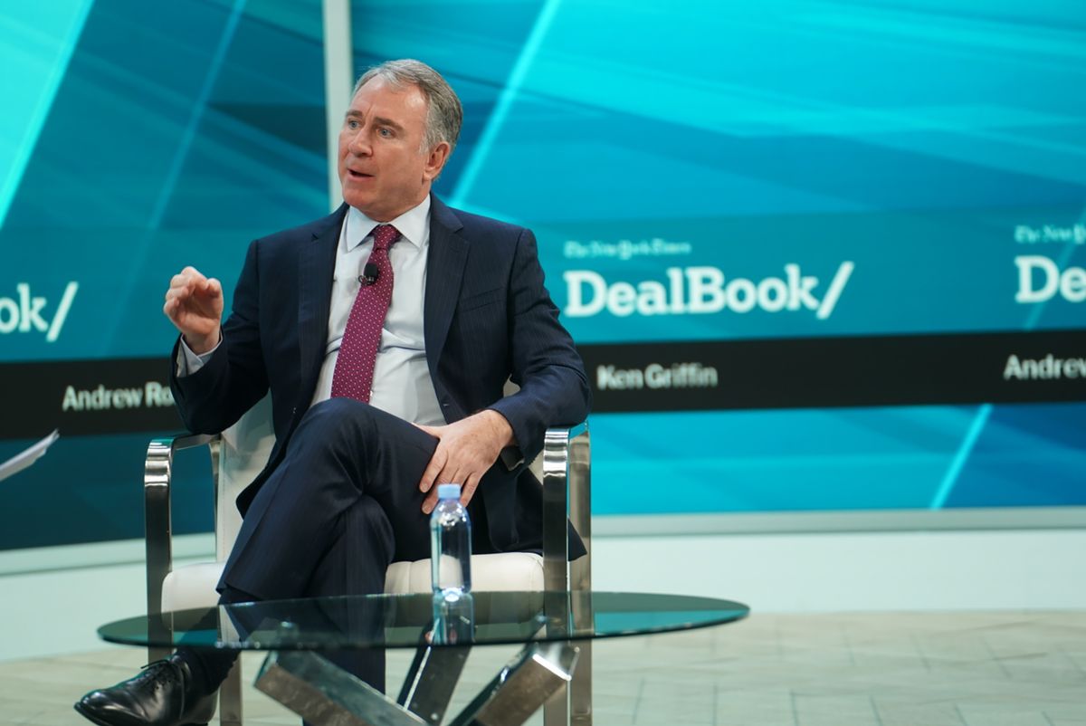 NEW YORK, NY - NOVEMBER 10: Host Andrew Ross Sorkin speaks with Ken Griffin during The New York Times DealBook Online Summit on November 10, 2021 in New York City. 