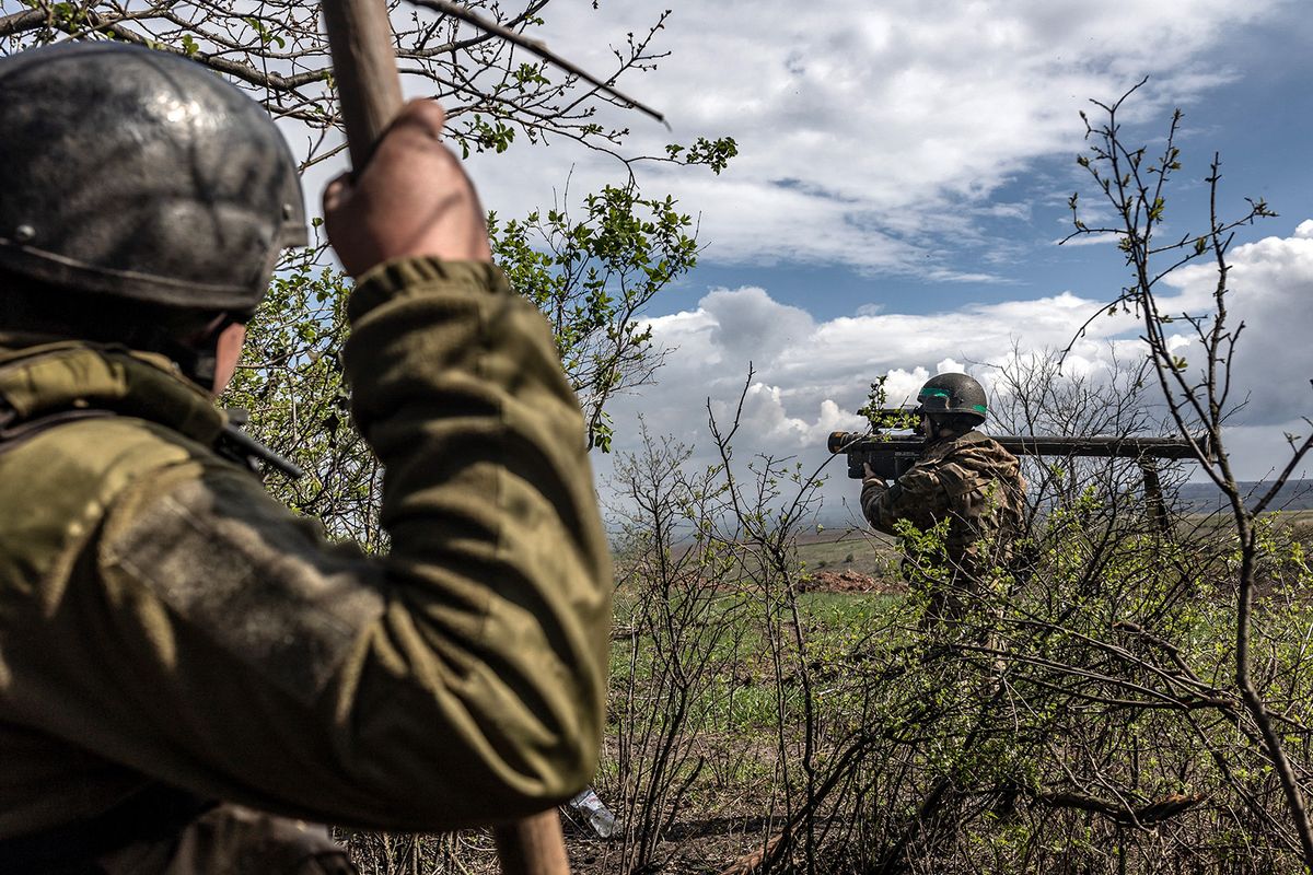 Ukrainian soldiers on the frontline in Donetsk Oblast DONETSK OBLAST, UKRAINE - APRIL 23: Ukrainian soldiers of the 57th Brigade prepare a stinger to shoot a helicopter in the direction of Bakhmut, Ukraine on April 23, 2023. Diego Herrera Carcedo / Anadolu Agency (Photo by Diego Herrera Carcedo / ANADOLU AGENCY / Anadolu Agency via AFP)