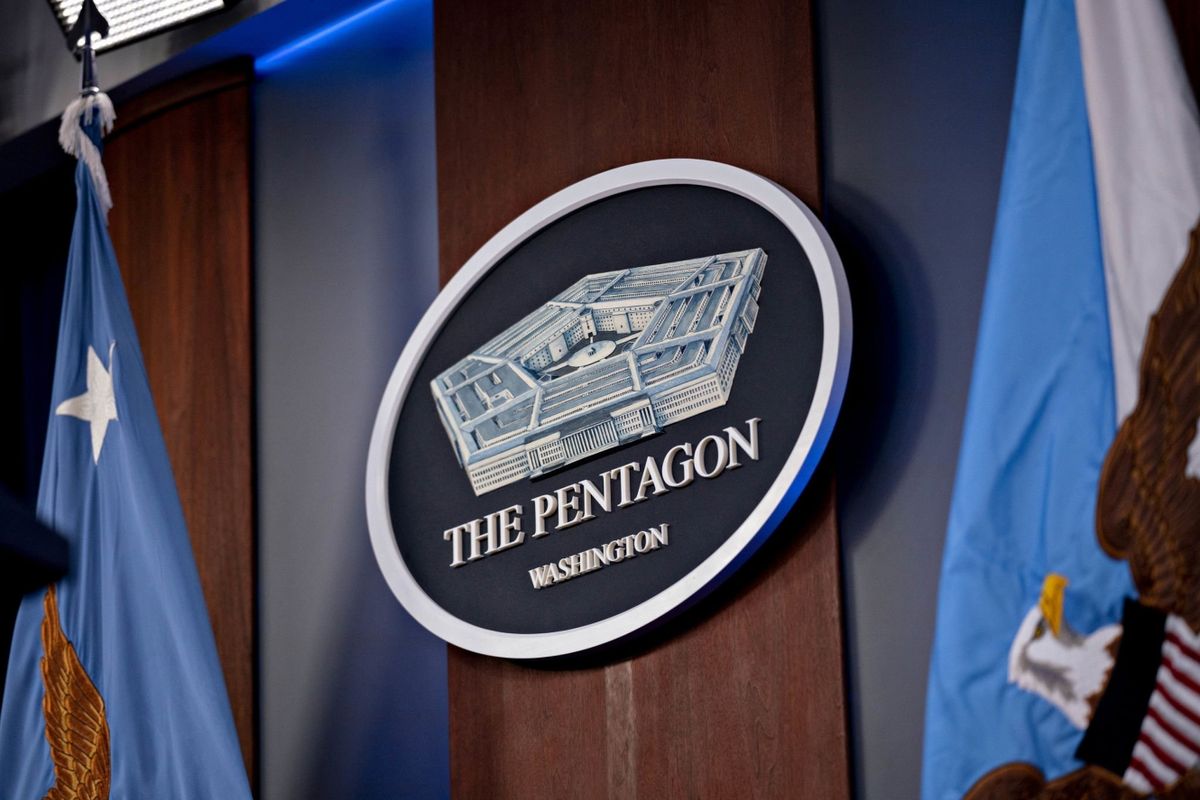 The Pentagon seal in the Pentagon Briefing Room in Arlington, Virginia., U.S., on Wednesday, Sept. 1, 2021